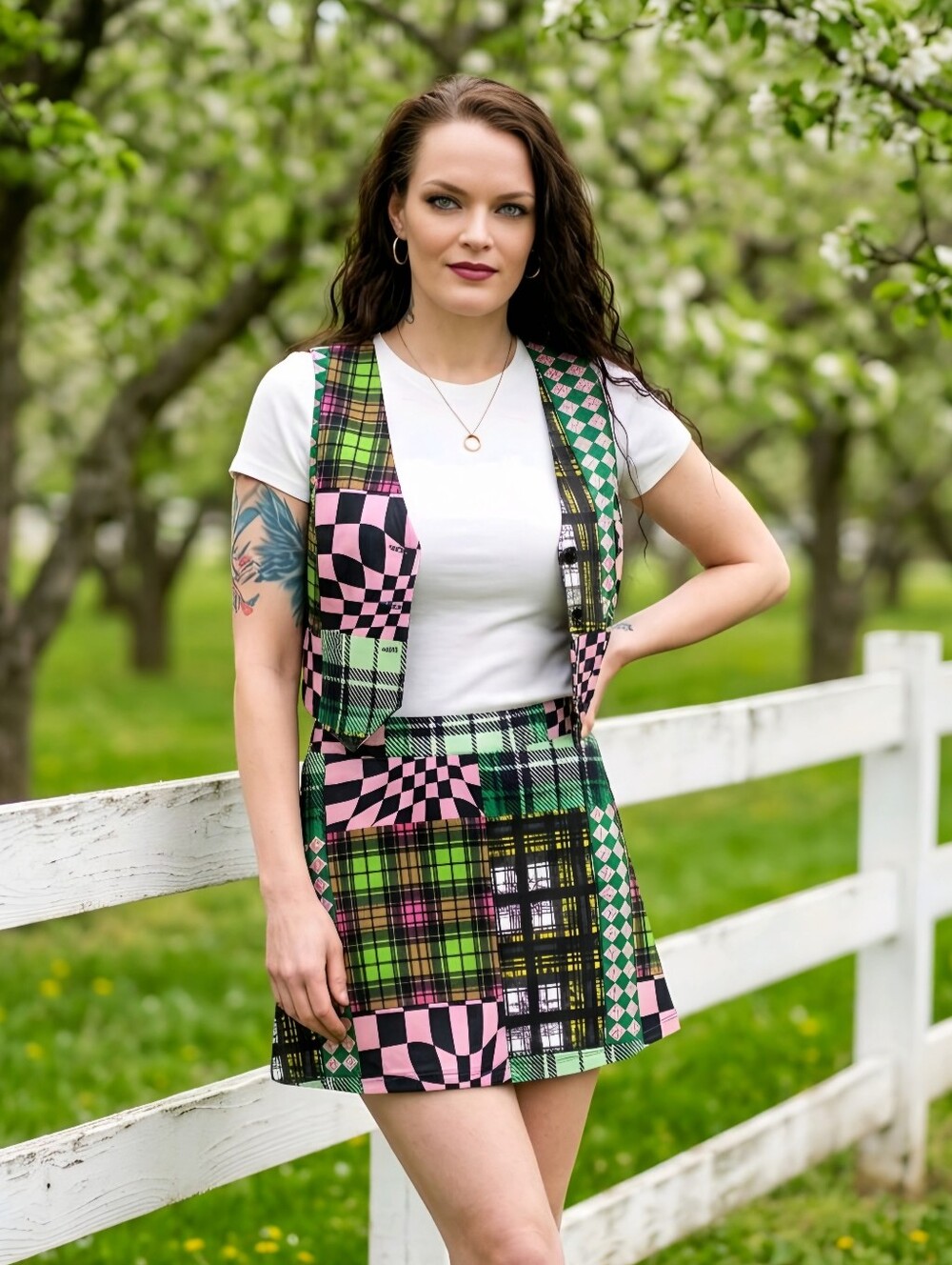 NGOrder ✦ Patchwork Velour Mini Skirt ✦ Retro A‑Line Green Pink Black L NWT